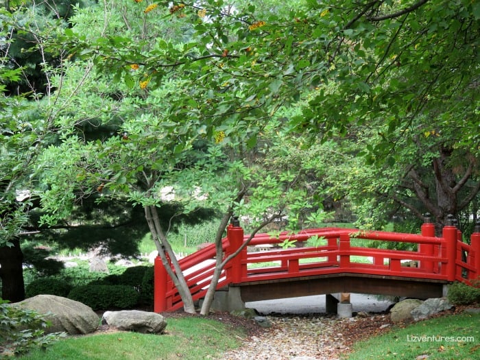 Shiojiri Niwa Japanese Gardens - red bridge - Mishawaka, Indiana