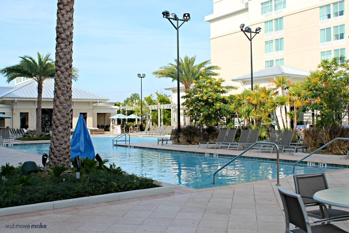 A building with a pool  