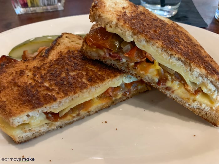 bacon, cheese, tomato jam, grilled onion sandwich