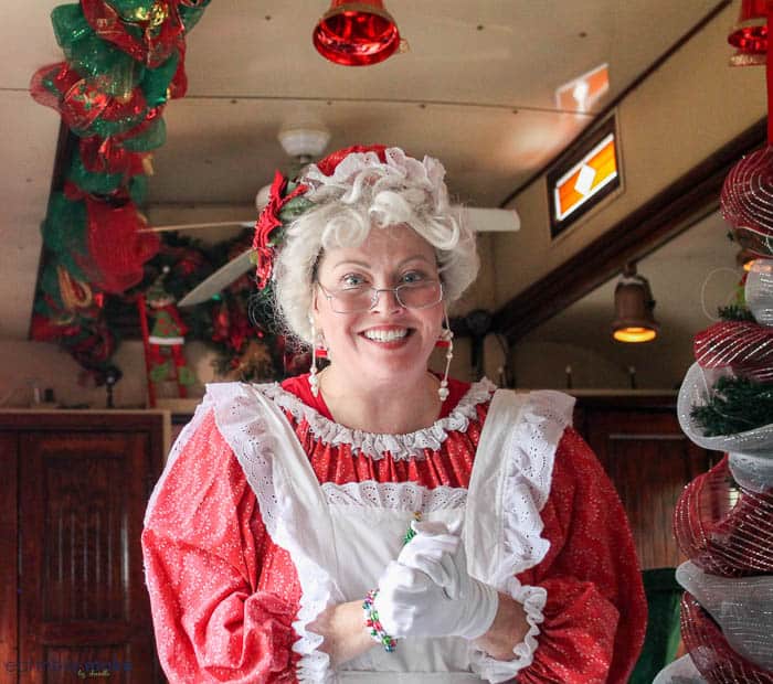 A person wearing a costume, with North Pole Express