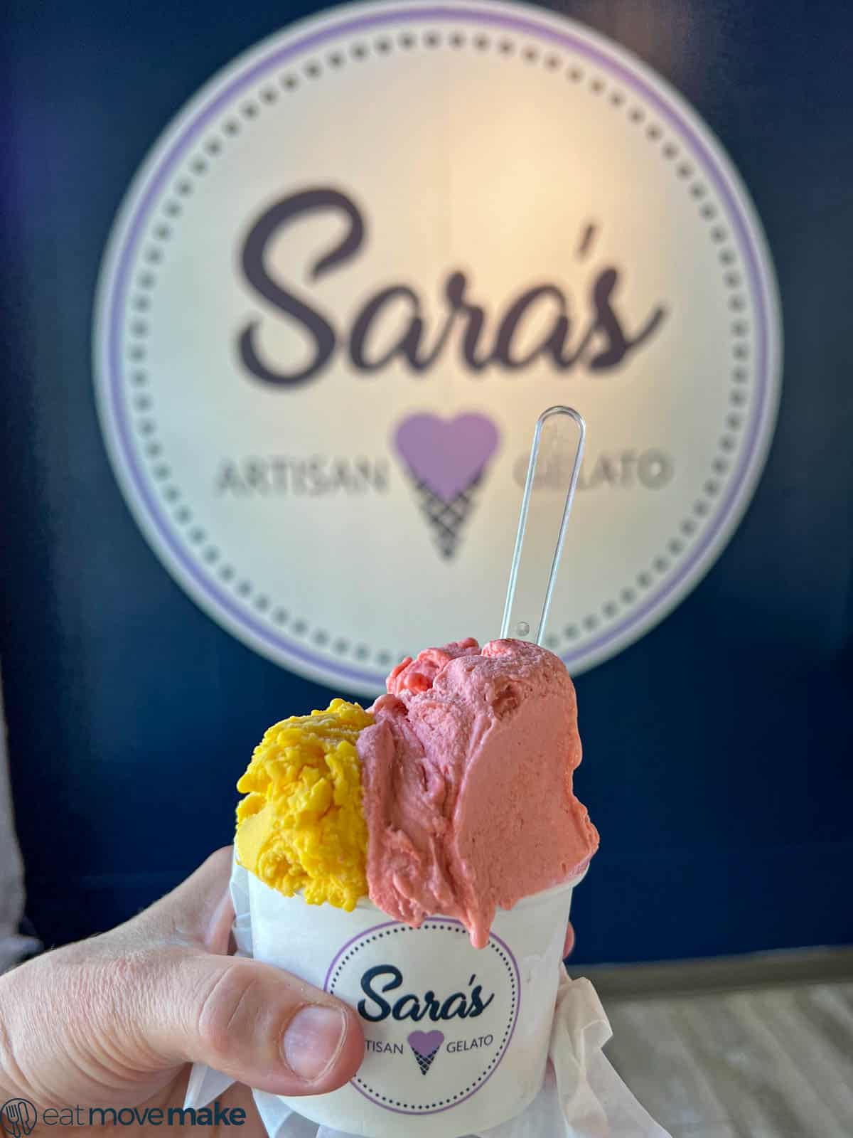 Sarah's gelato in cup by sign