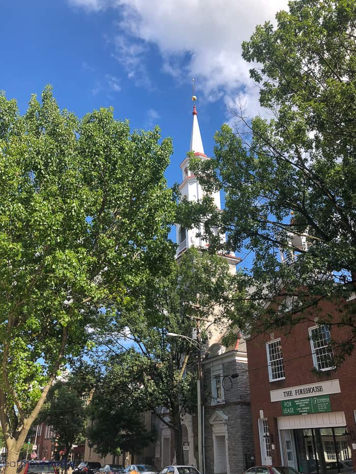 A tree in front of a church steeple