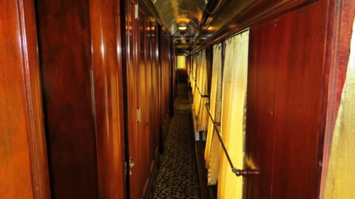 very narrow hallway in rail car