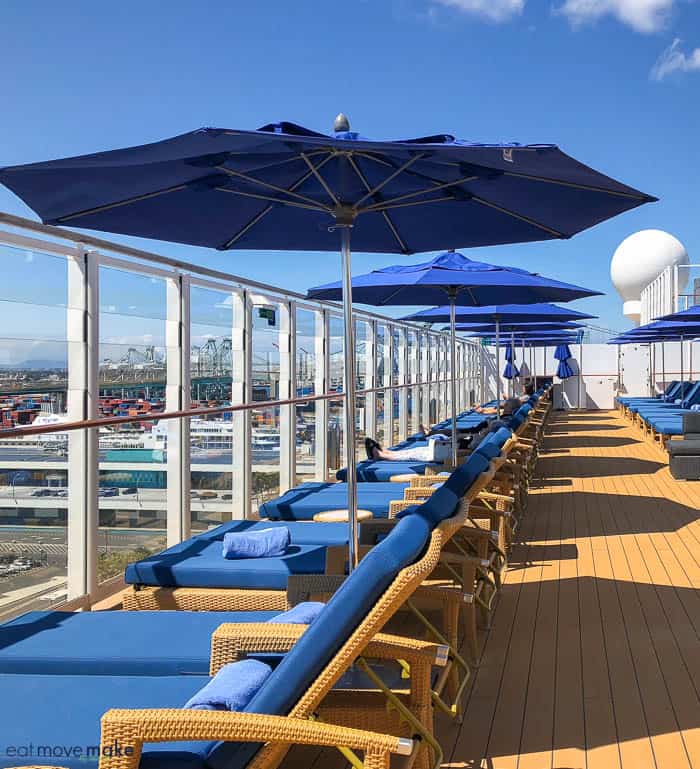 lounge chairs on sun deck of Norwegian Bliss