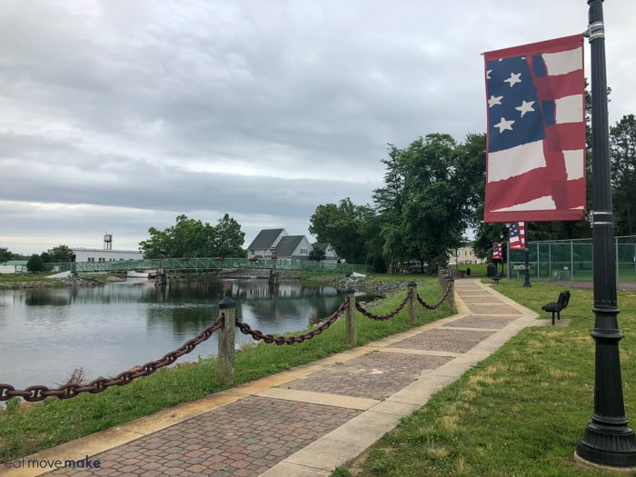 A flag above a body of water