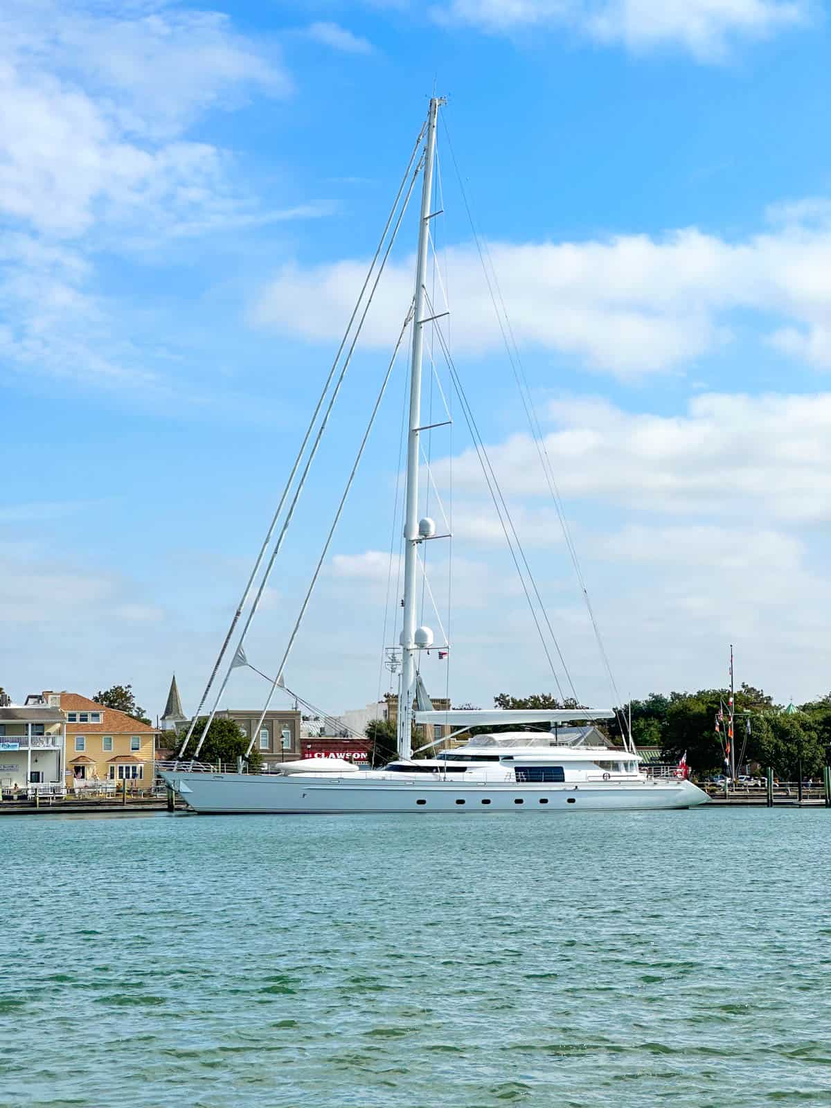 view of giant yacht in Beaufort from Rachel Carson Reserve