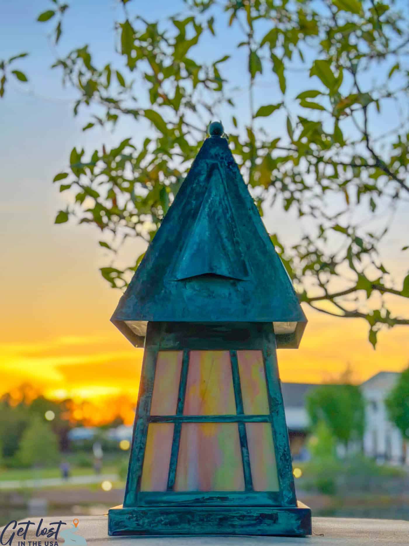 Huntsville Botanical Garden lantern at sunset