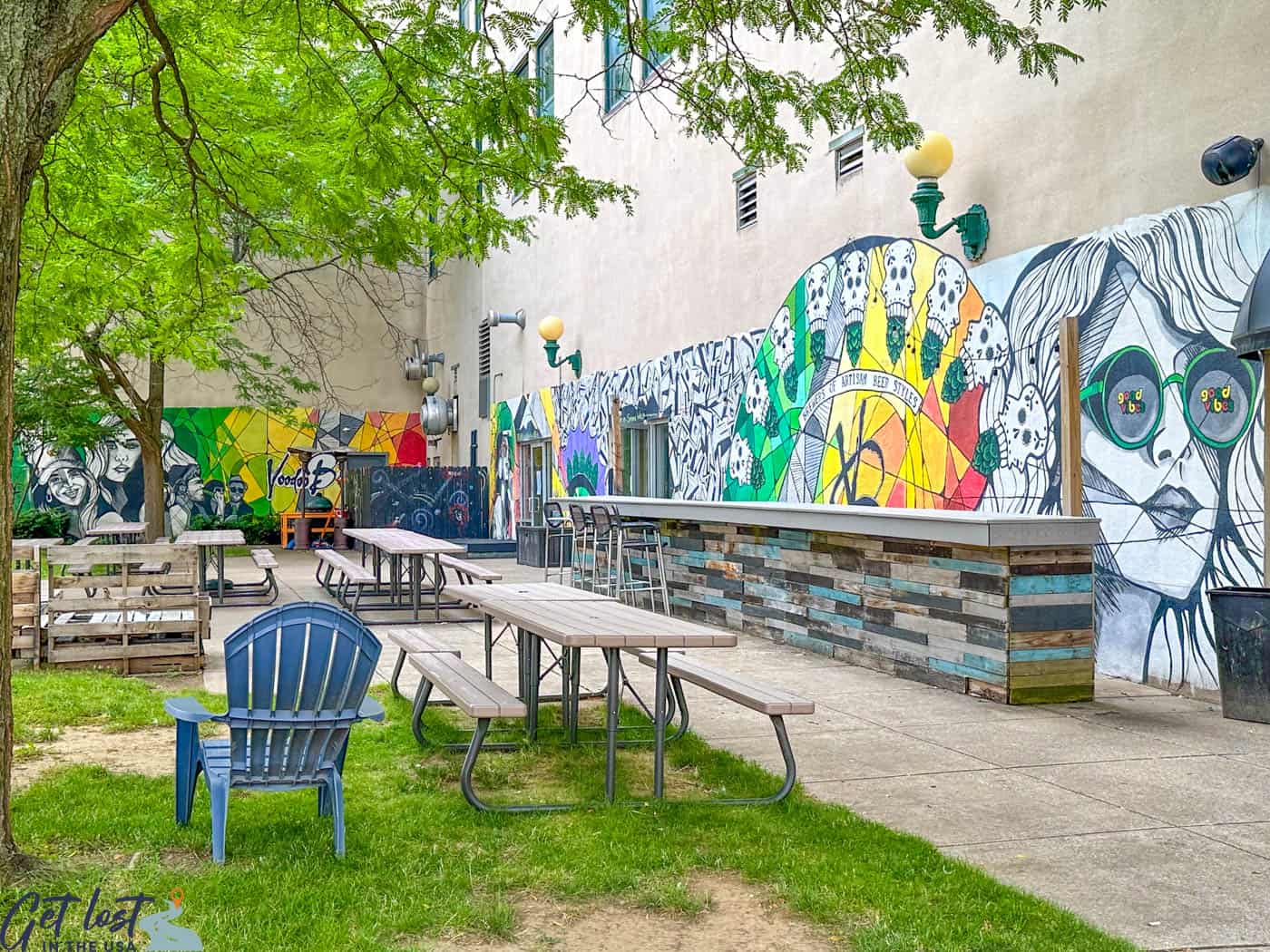 Voodoo Brewery patio and mural