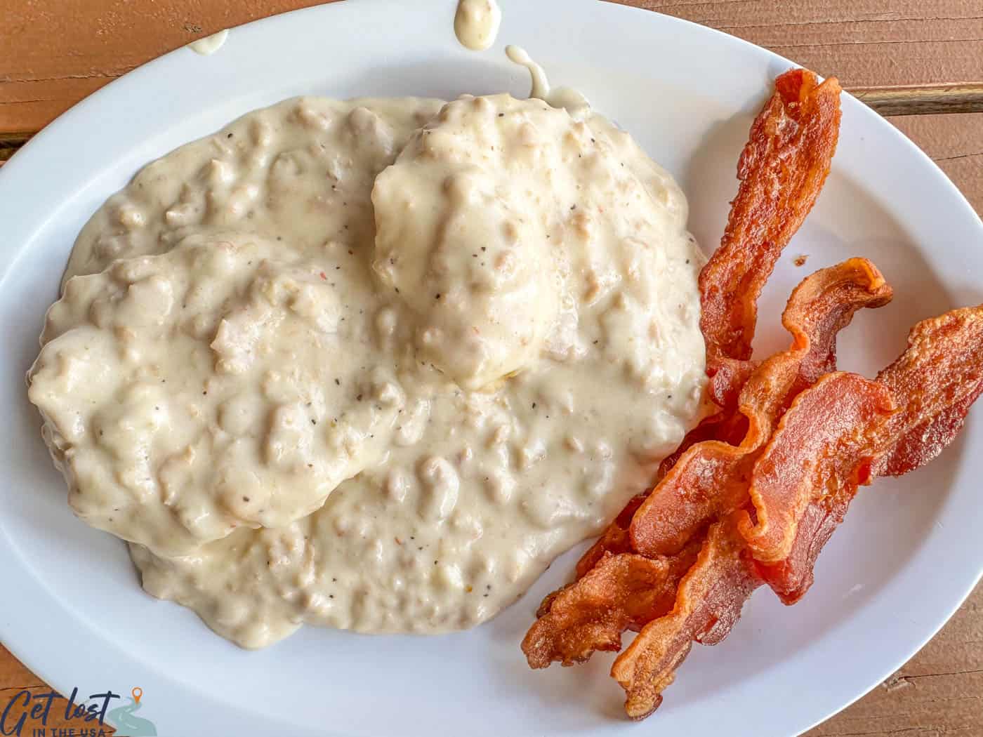 biscuit and sausage gravy with bacon.