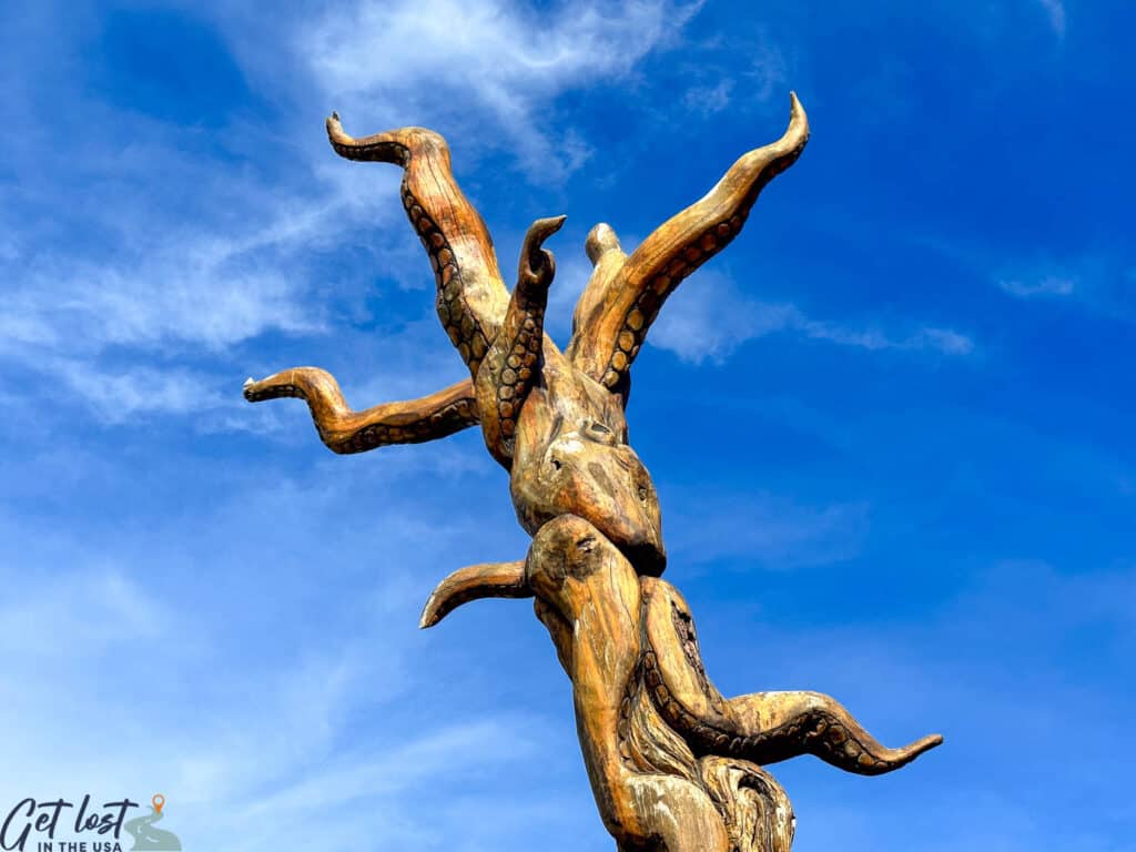 octopus tree carving with blue sky in background.