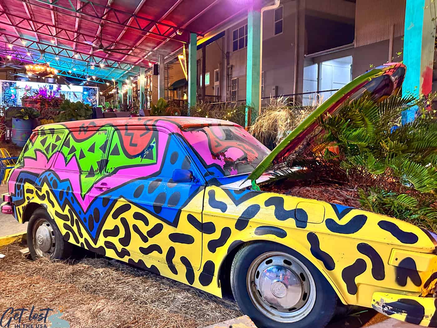 plants growing inside hood of wildly painted car at El Weirdo.