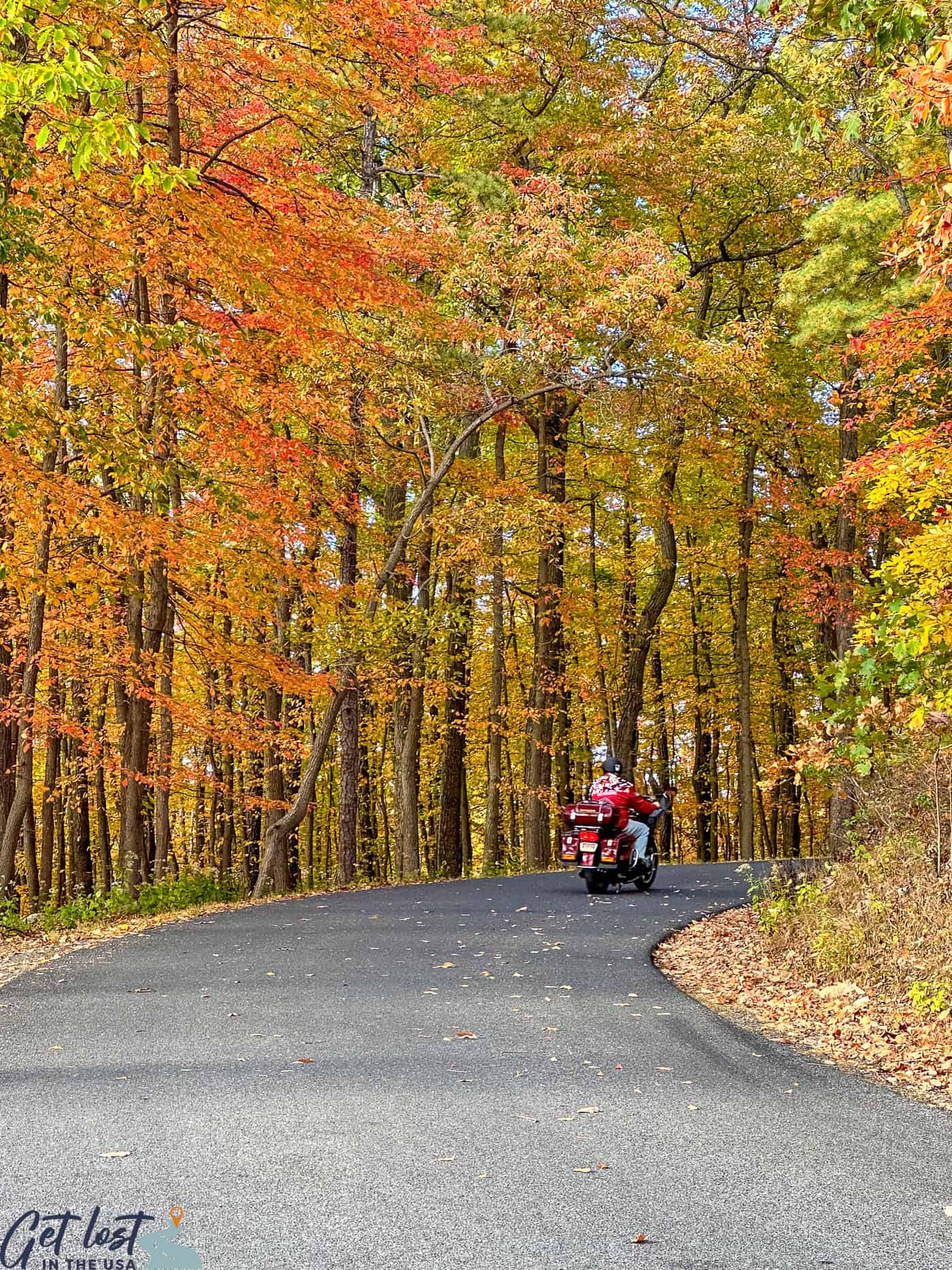 motorcycle driving on road with fall foliage background.