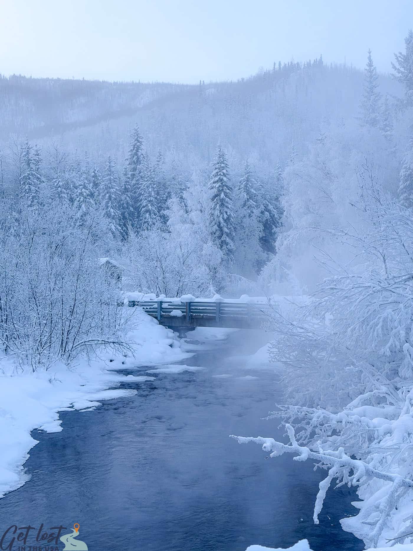 bridge and water view at Chena Hot Springs Resort.