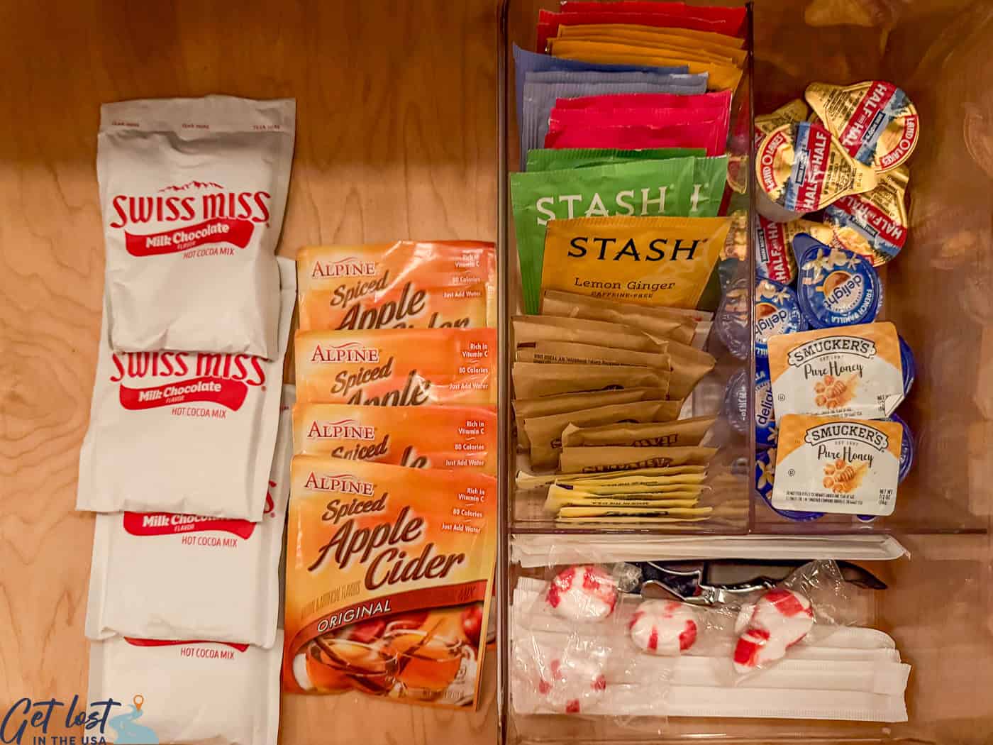 drink mixes and teas in cube suite.