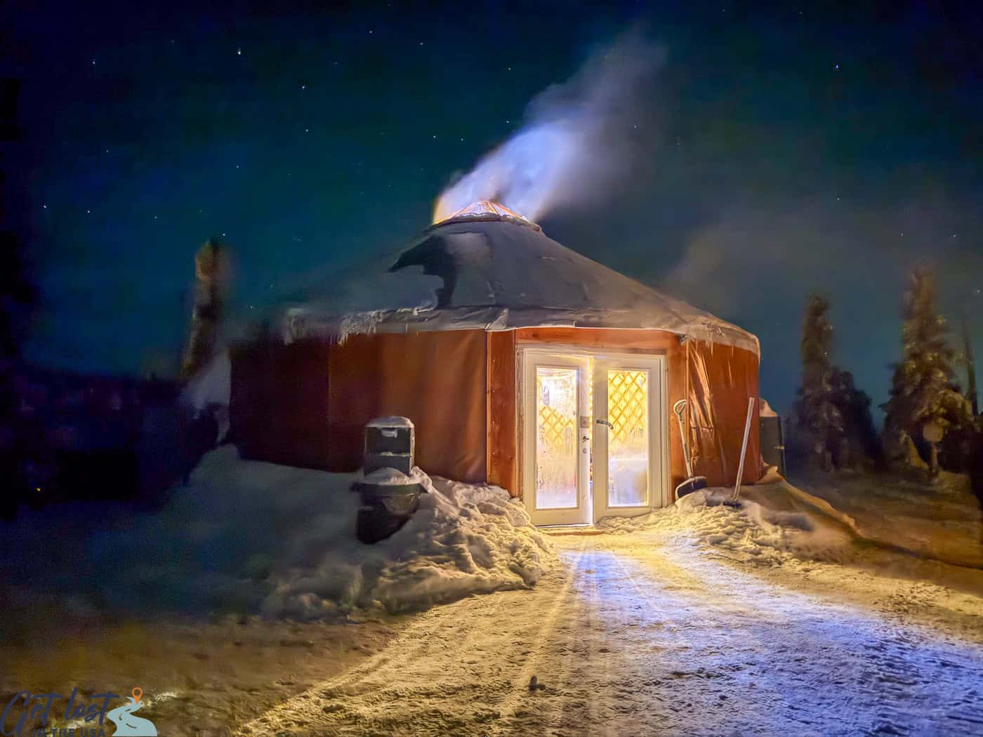 entrance to warming yurt at Chena Hot Springs Resort Northern Lights Tour.