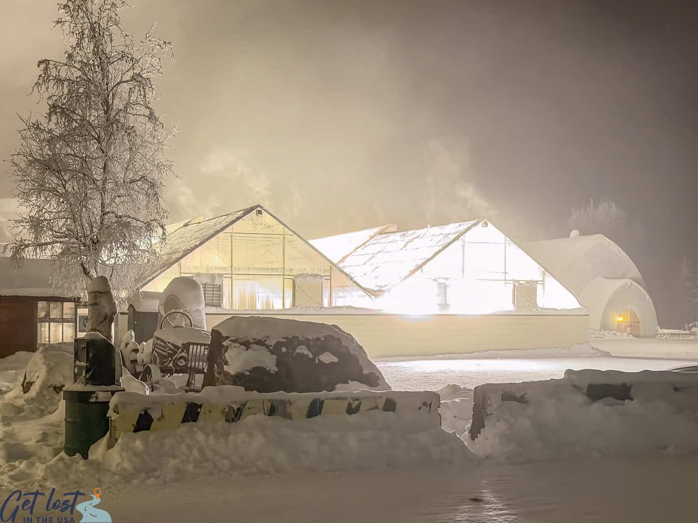 nighttime view of greenhouses at Chena Hot Springs Resort