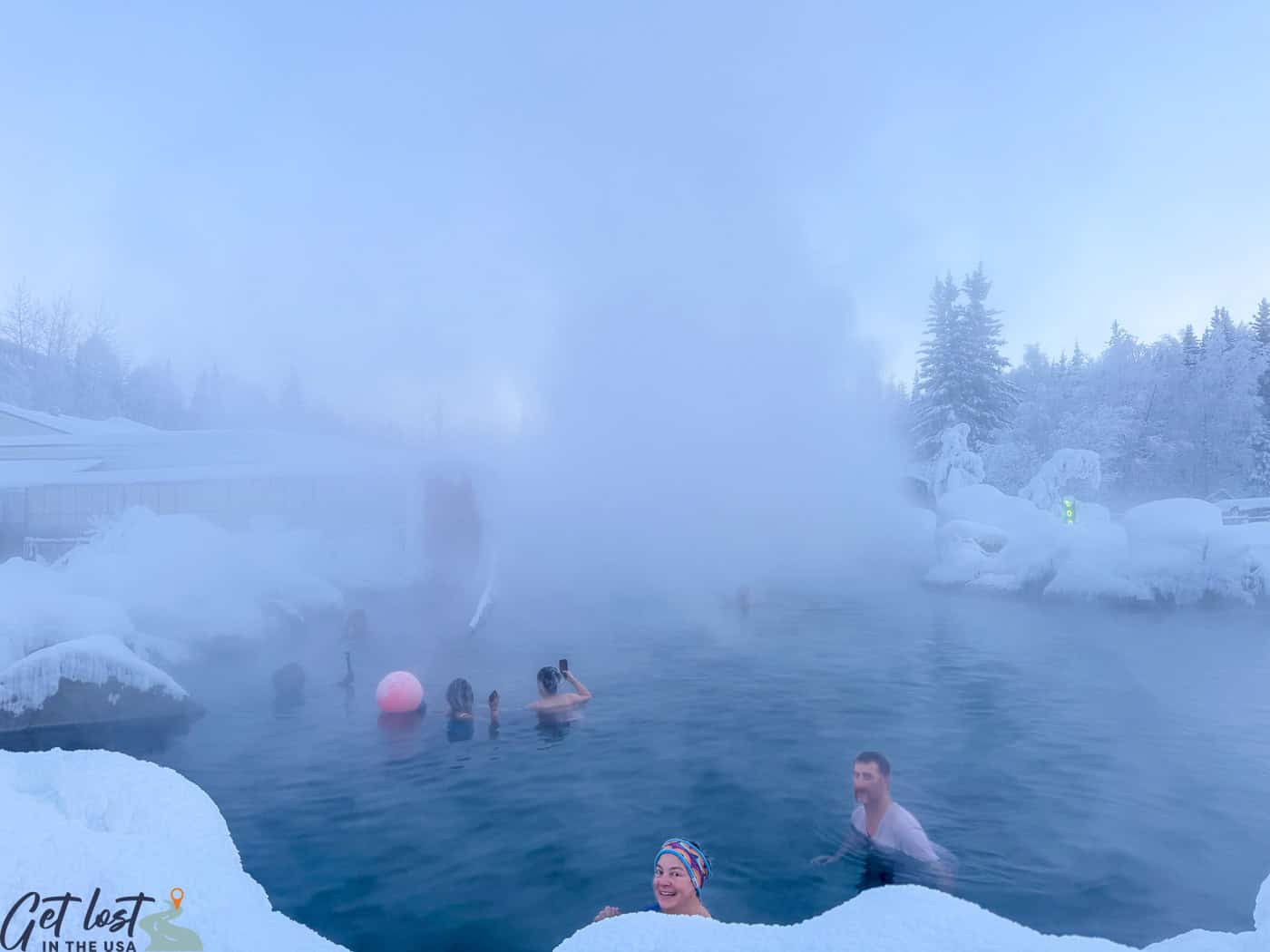 people in the hot springs at Chena Hot Springs Resort.