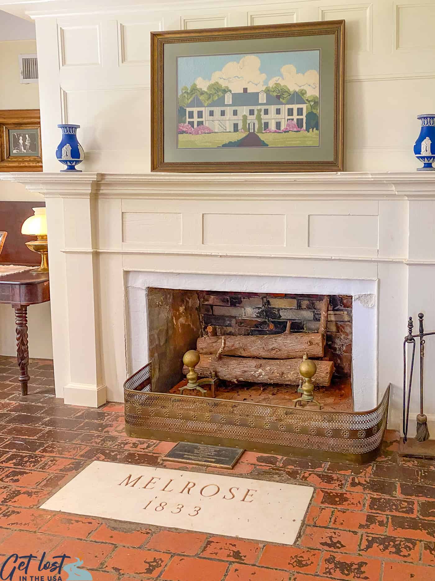 Melrose Big House fireplace and 1833 marker.
