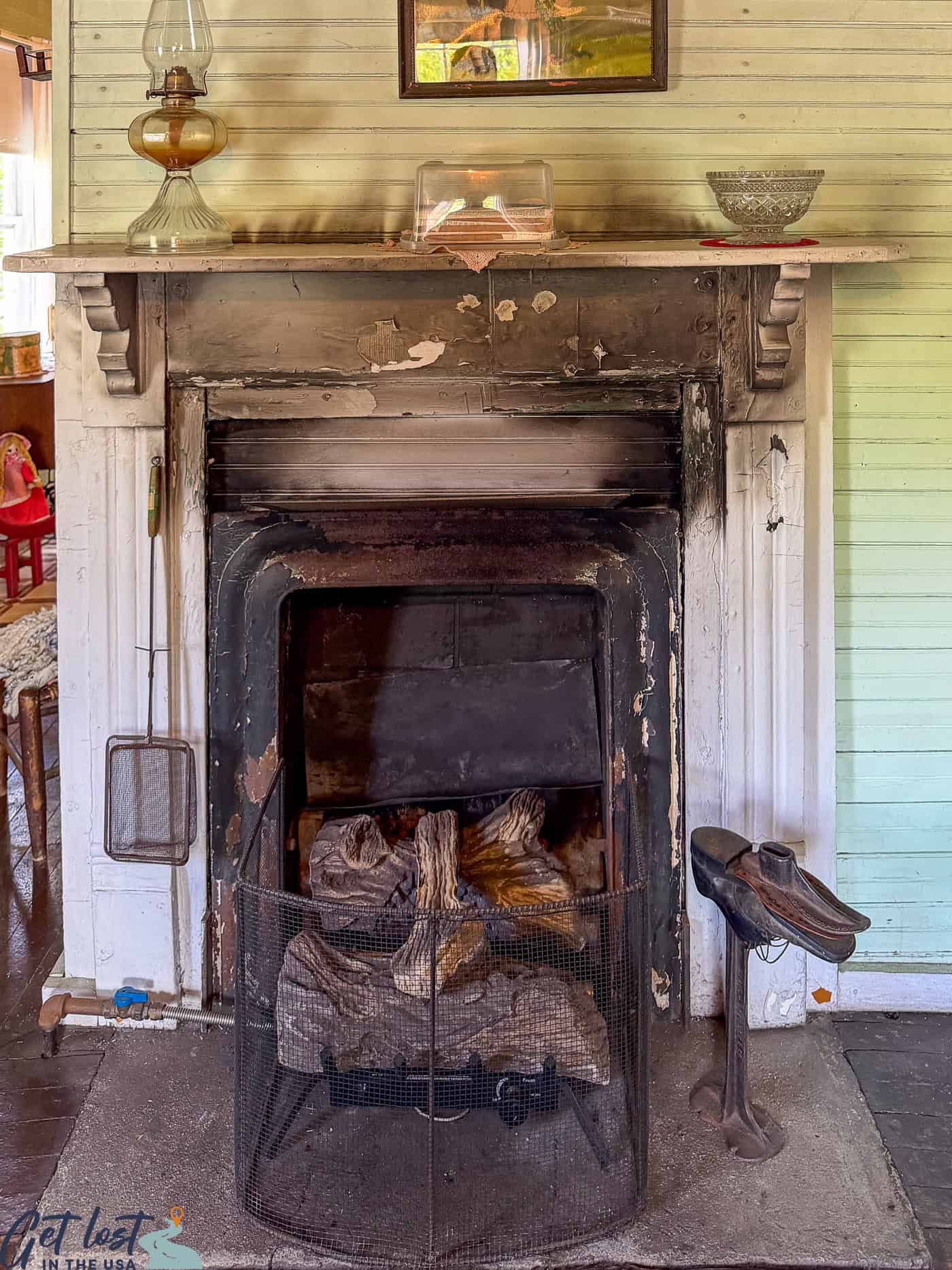 fireplace with soot marks.